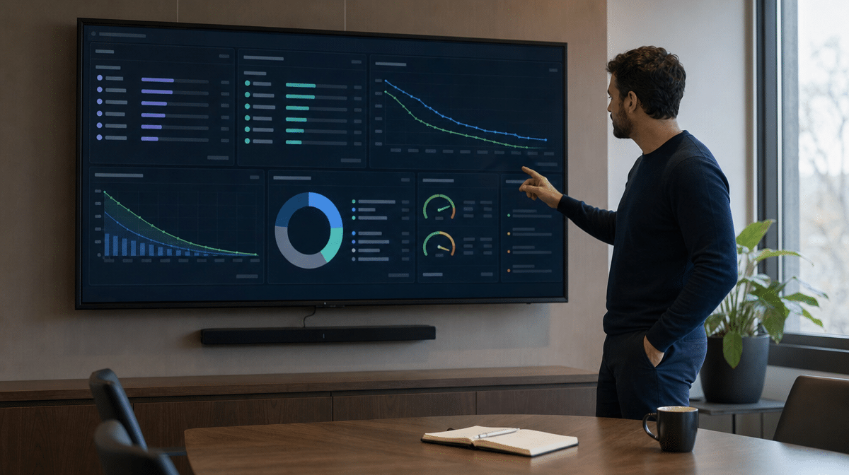 Business owner comparing debt and equity financing on a conference room dashboard