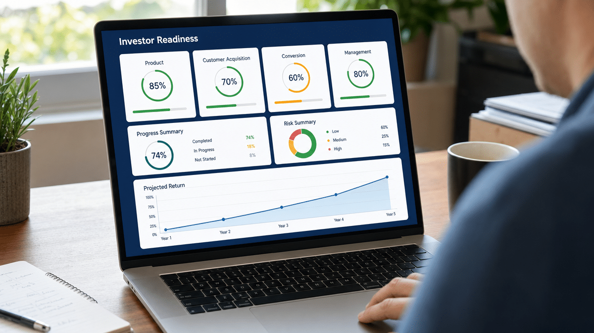 Investor readiness dashboard showing product, customer acquisition, conversion, and management factors