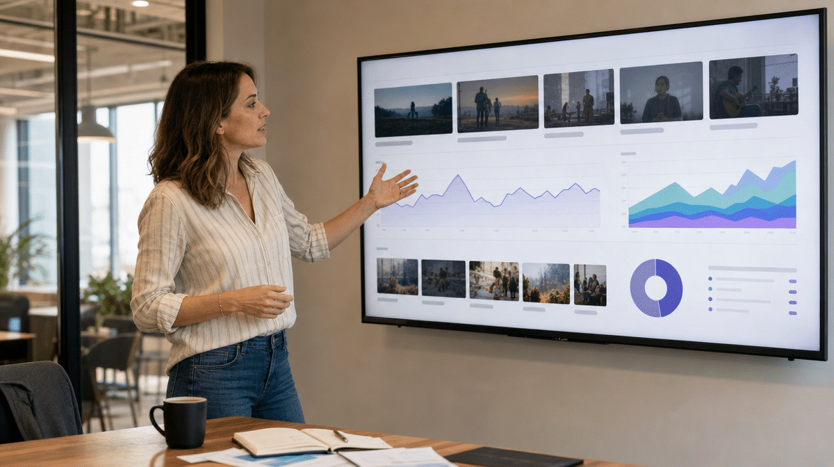 Presenter reviewing video channel performance analytics