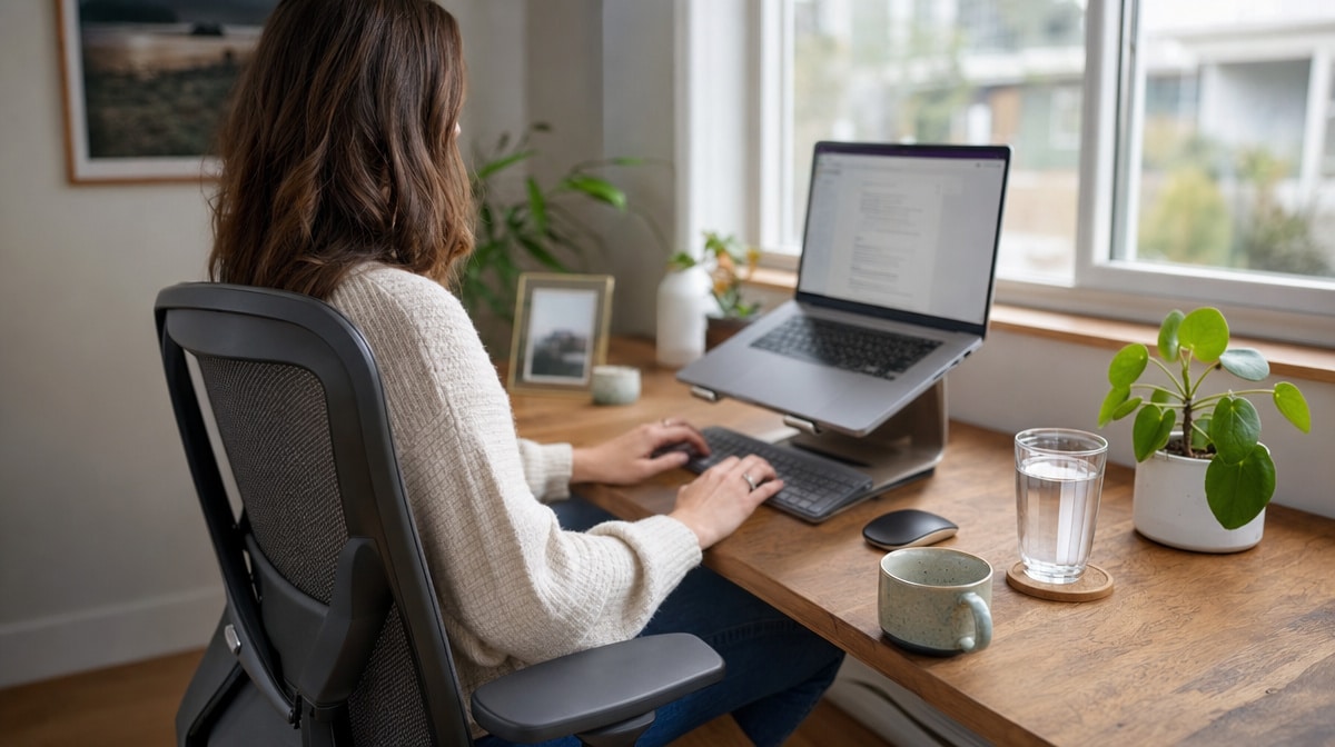 Employee working safely at an ergonomic home office desk setup
