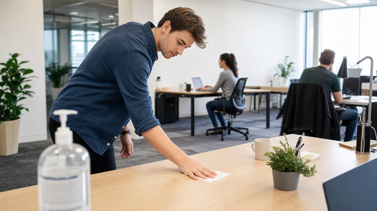Worker sanitizing a shared surface in a socially distanced office