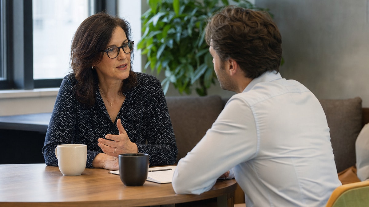 Supportive one-on-one mental health conversation between a manager and employee