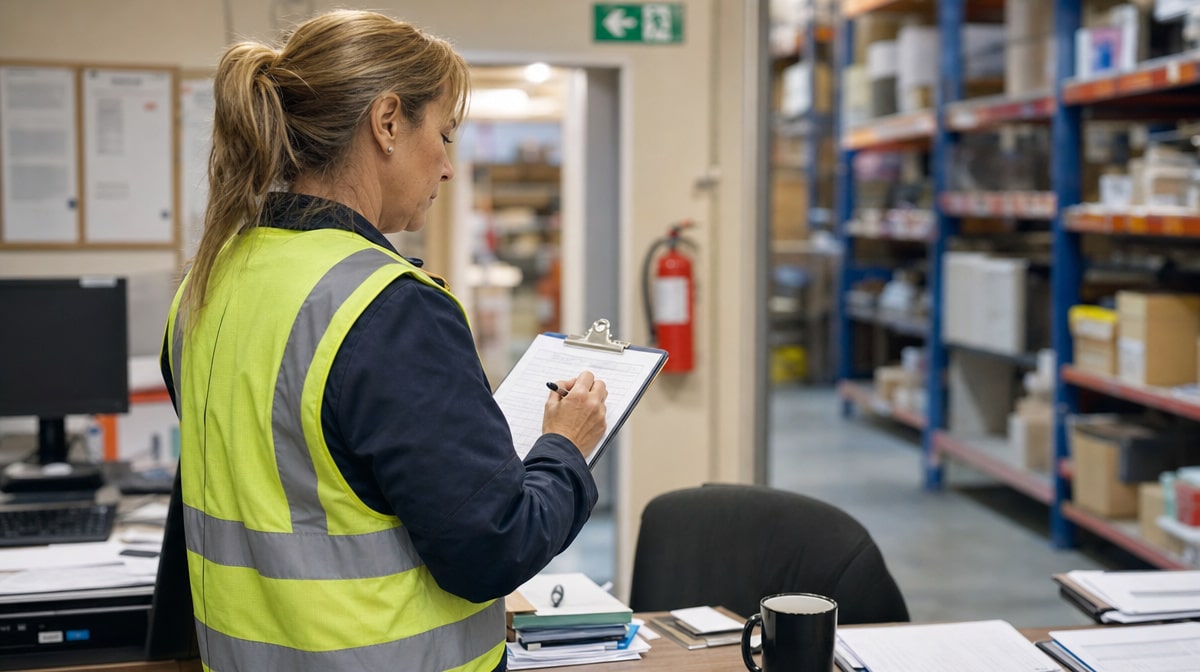 Safety professional inspecting a workplace to identify potential hazards