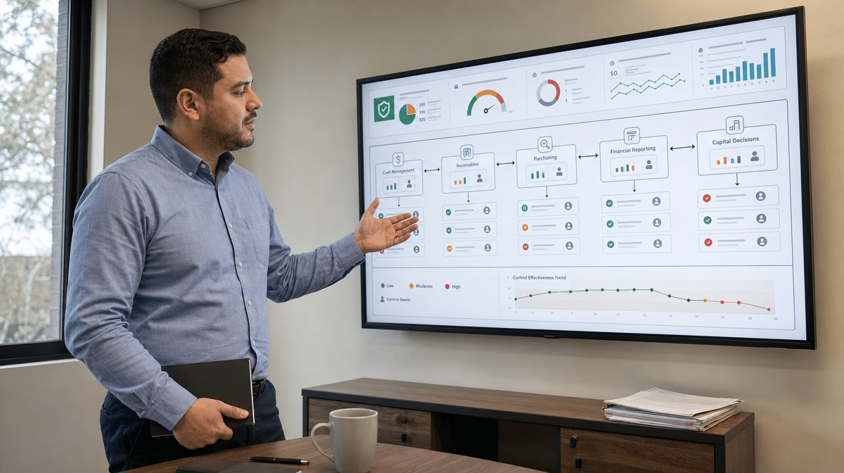 Finance manager reviewing financial processes, risks, controls, and performance indicators