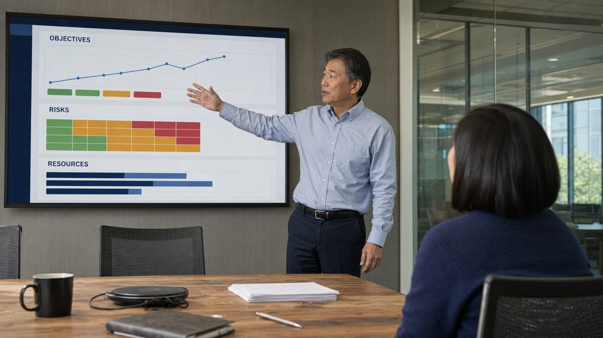 Quality leader presenting an annual ISO 9001 plan with objectives risks and resources