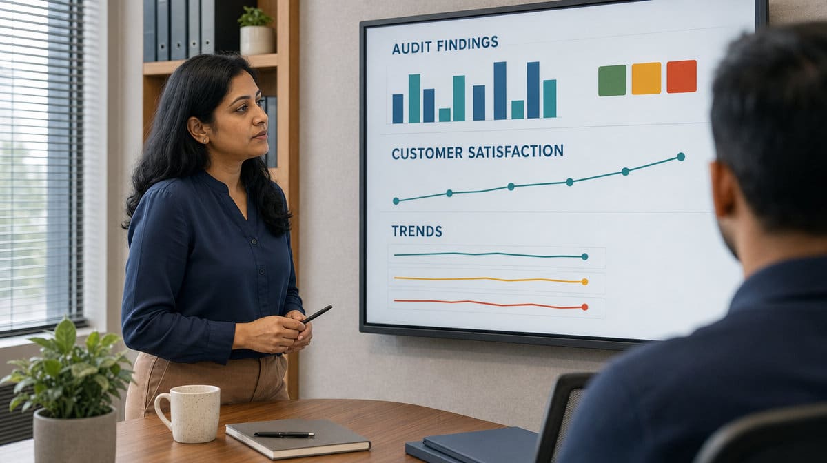 Quality manager analyzing audit findings and customer satisfaction during the Check phase