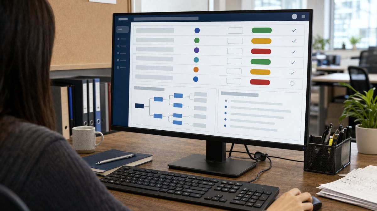 Corrective action dashboard showing owners due dates and status for ISO 9001 improvements
