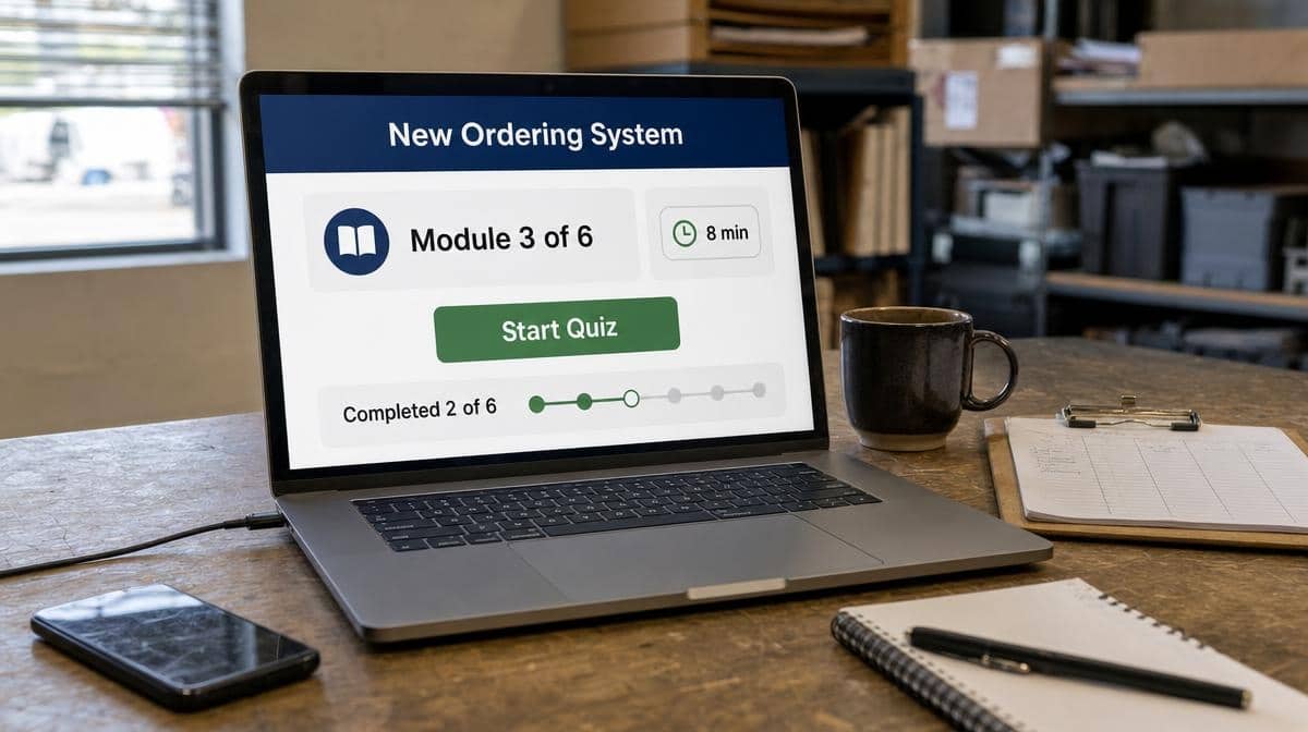 Self-paced eight-minute ordering-system training module on a field employee's laptop.