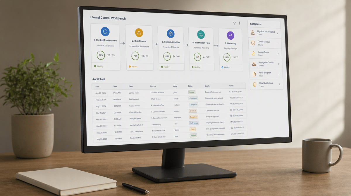 Office monitor showing an integrated internal control workflow and audit trail