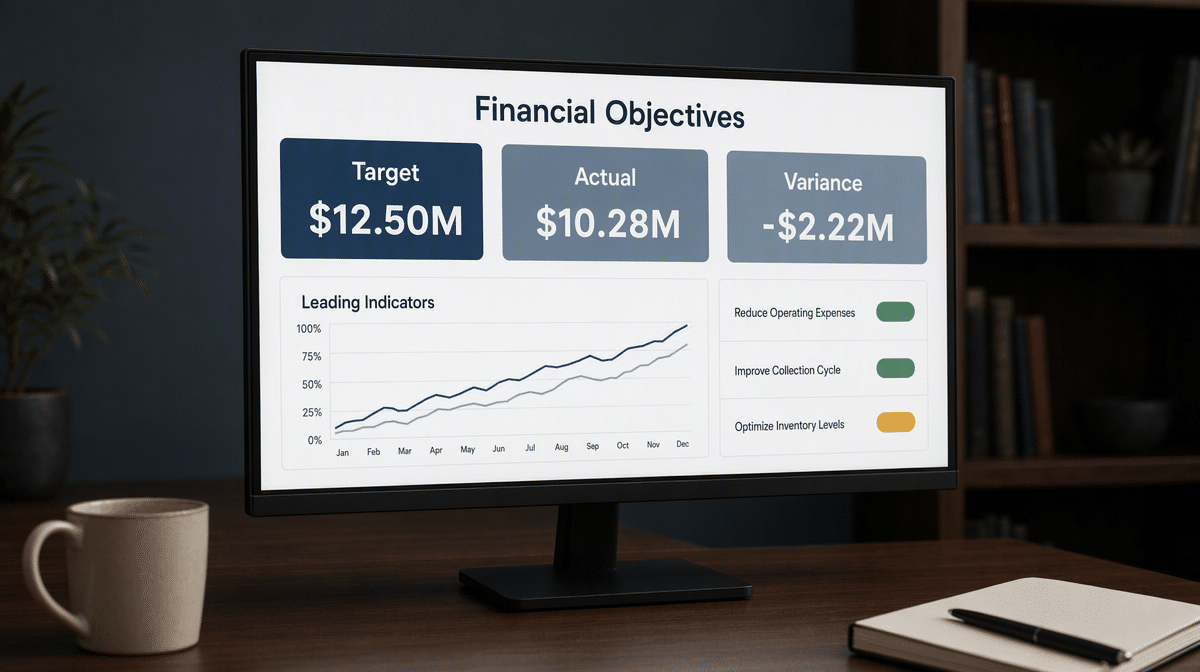 Financial objectives dashboard comparing targets, results, and leading indicators