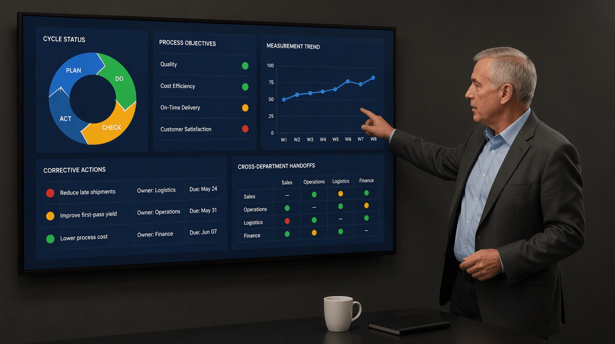 Finance manager reviewing process objectives and corrective actions