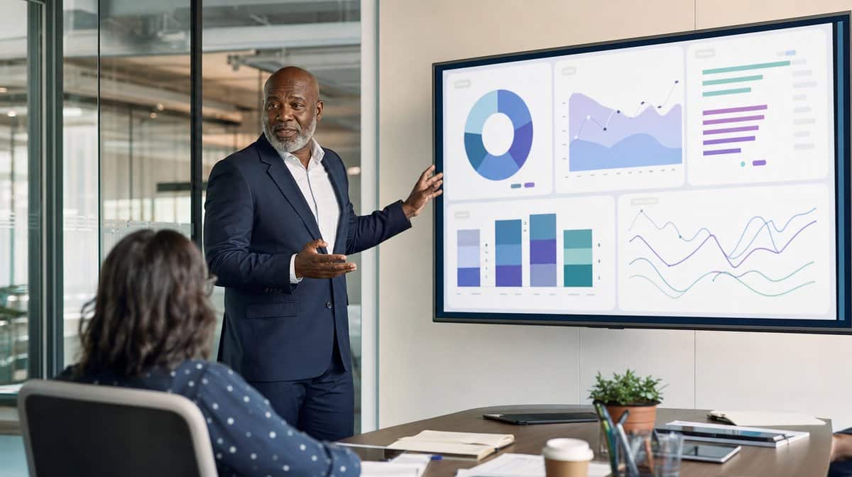 Business manager reviewing organizational change and technology adoption trends