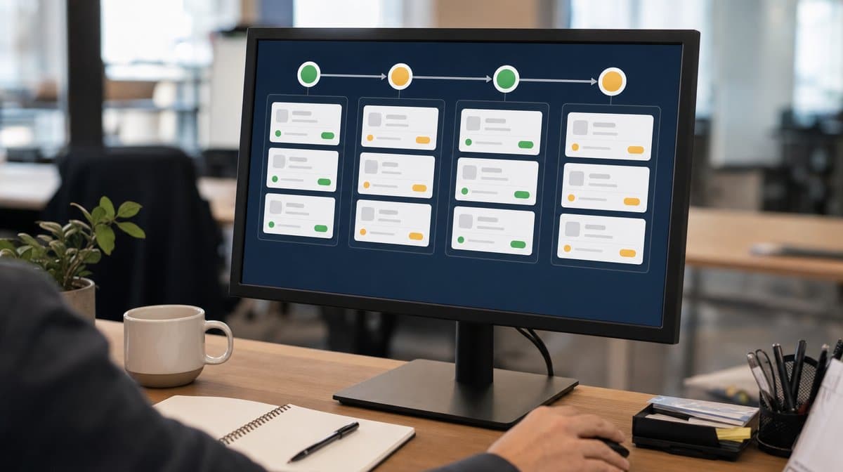 Cross-department information workflow showing intake review approval and handoffs