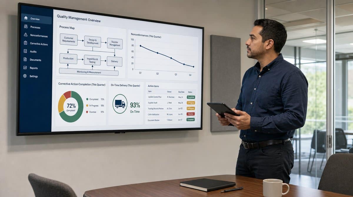 Quality engineer reviewing process performance and corrective actions on a dashboard