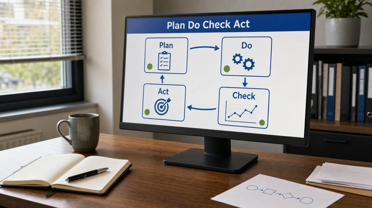 Plan Do Check Act workflow displayed on a quality management monitor