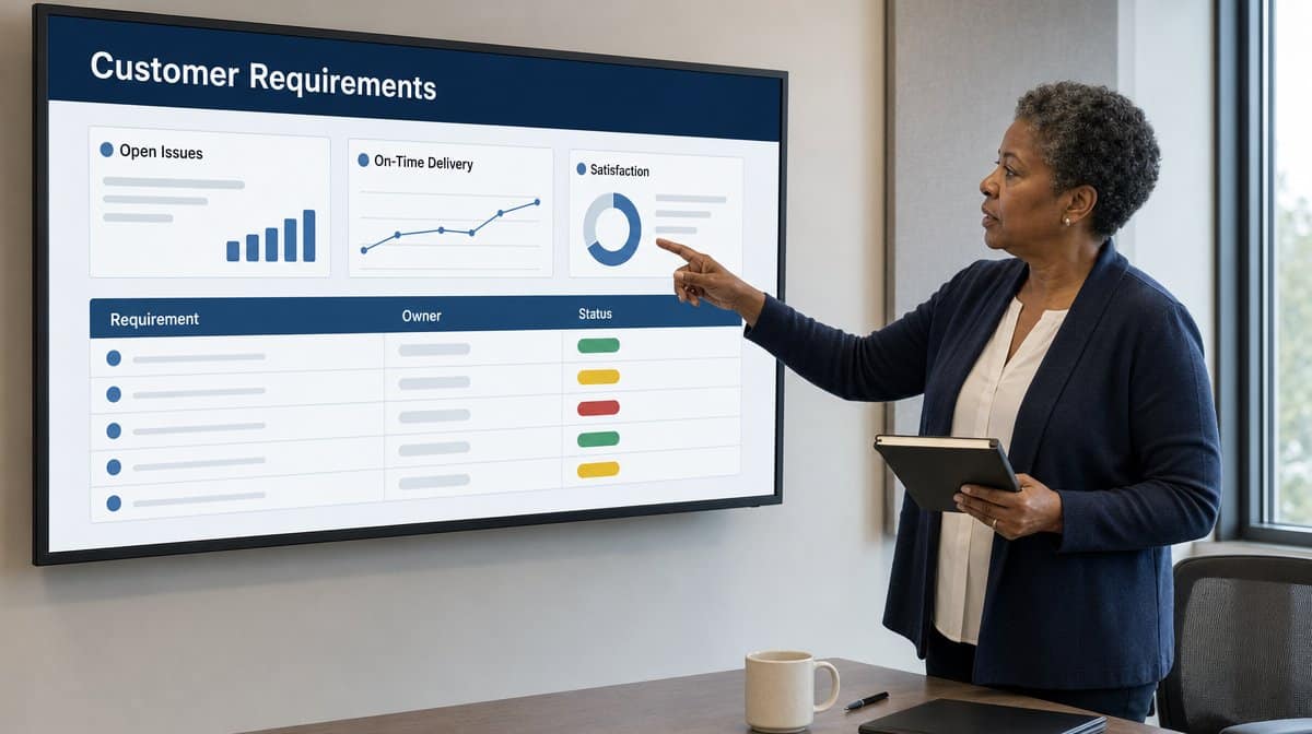 Customer quality leader reviewing requirements, delivery, and satisfaction metrics