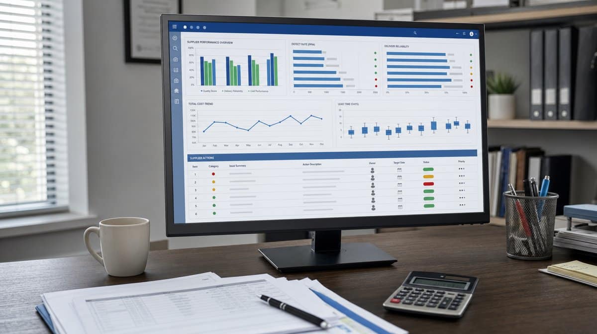 Supplier scorecard comparing quality, delivery reliability, lead time, and total cost
