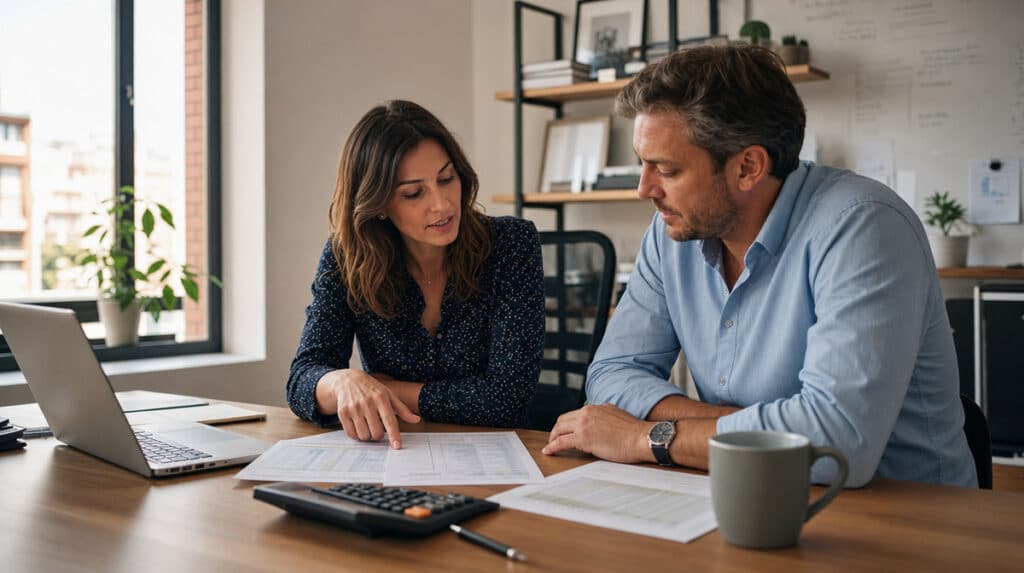 Business owner and CFO reviewing financial statements and cash flow projections at a desk with a calculator