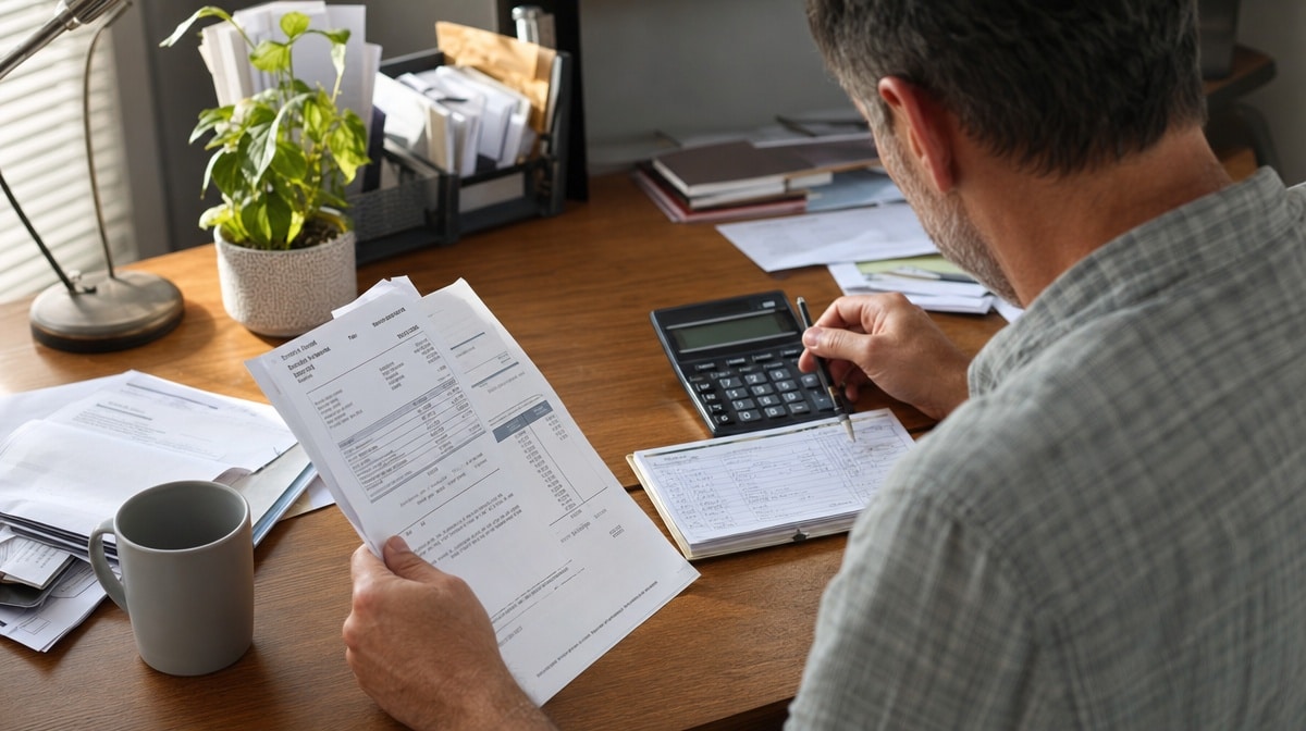 Small business owner reviewing bank statements and a checkbook ledger with a calculator at a desk