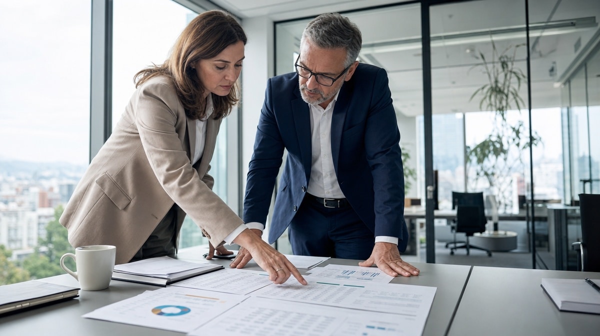 Two finance managers reviewing a printed balance sheet with equity and debt figures at a table