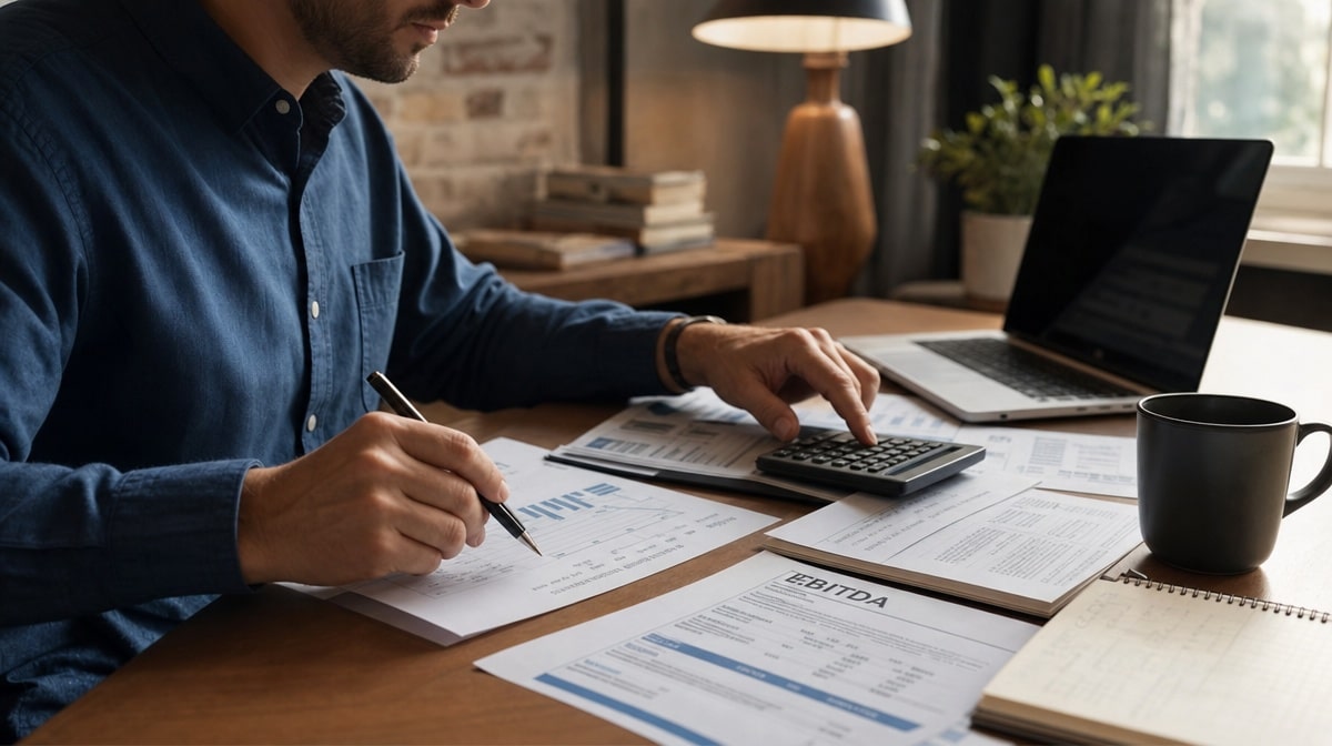 Accountant working through operating cash flow and EBITDA figures on paper with a calculator