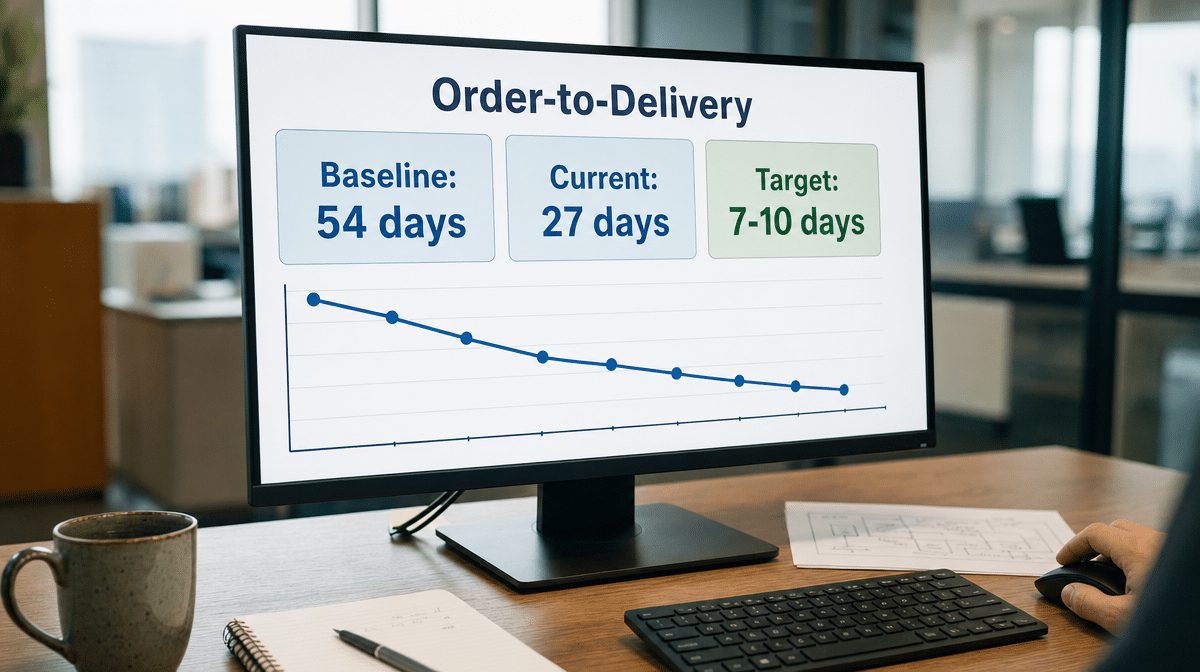 Order-to-delivery dashboard comparing a 54-day baseline with a 7-to-10-day target