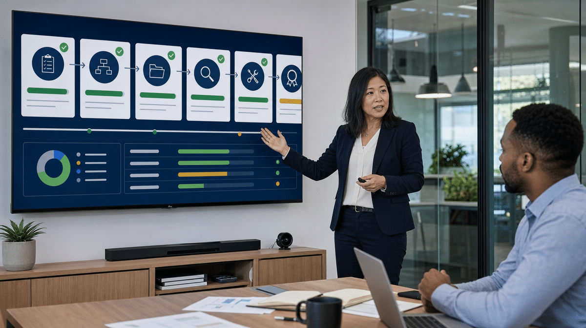 Quality manager presenting an ISO 9001 quality management system roadmap
