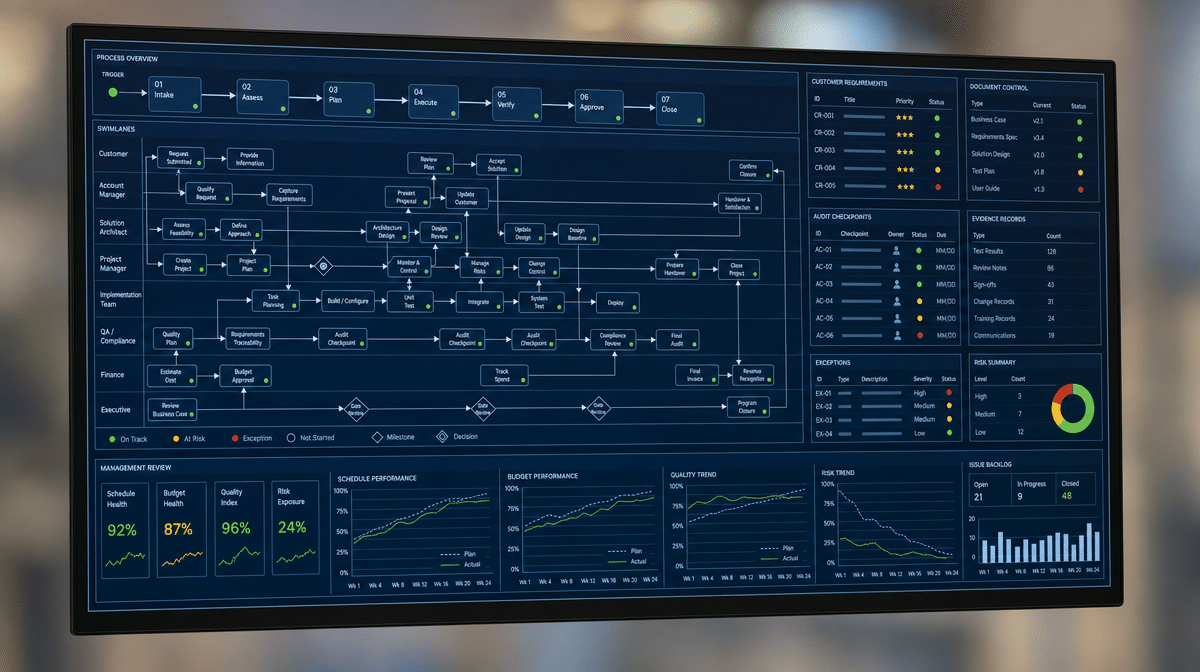 Process management dashboard linking customer needs, roles, documentation, audits, and review
