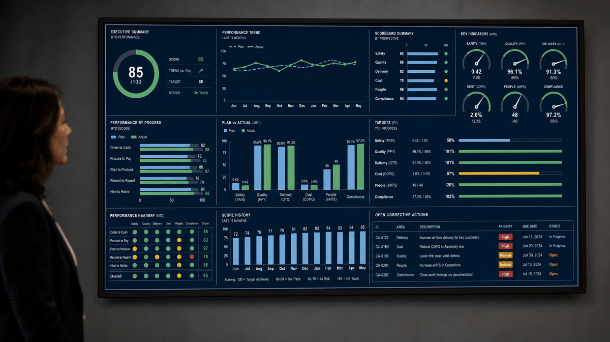 Manager reviewing process effectiveness metrics on a meeting-room dashboard