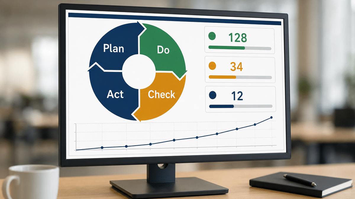 Plan-Do-Check-Act workflow dashboard showing the four-stage improvement cycle