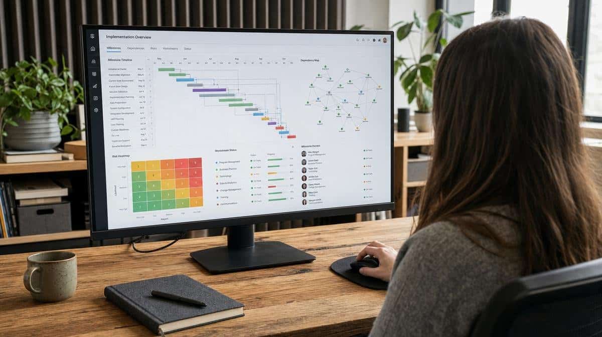 Project implementation dashboard showing milestones, dependencies, risks, and owners