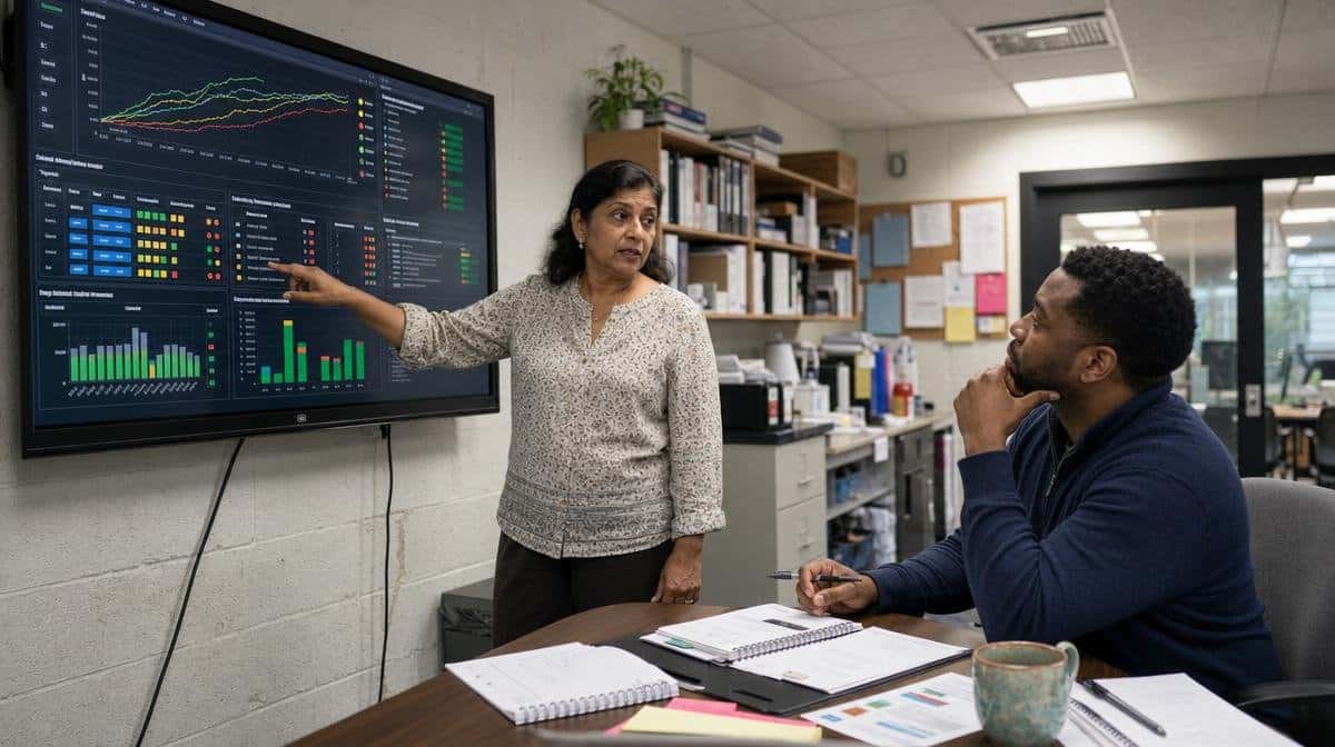 Manager reviewing change adoption, training progress, and readiness with a colleague