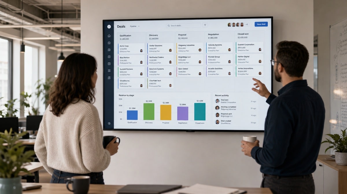 HubSpot alternatives CRM pipeline dashboard on a wall display in an open-plan office