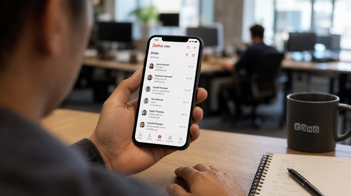 Zoho CRM mobile deals list on a phone held in hand