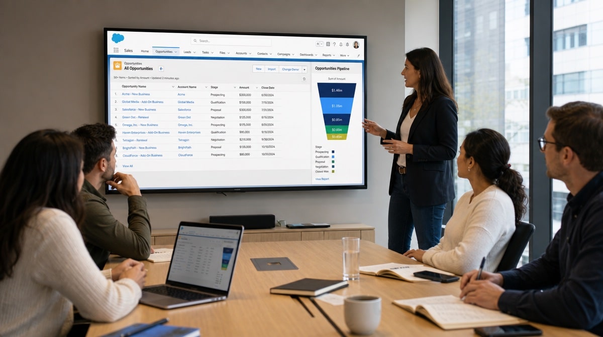 Salesforce Lightning opportunities dashboard on a meeting room display