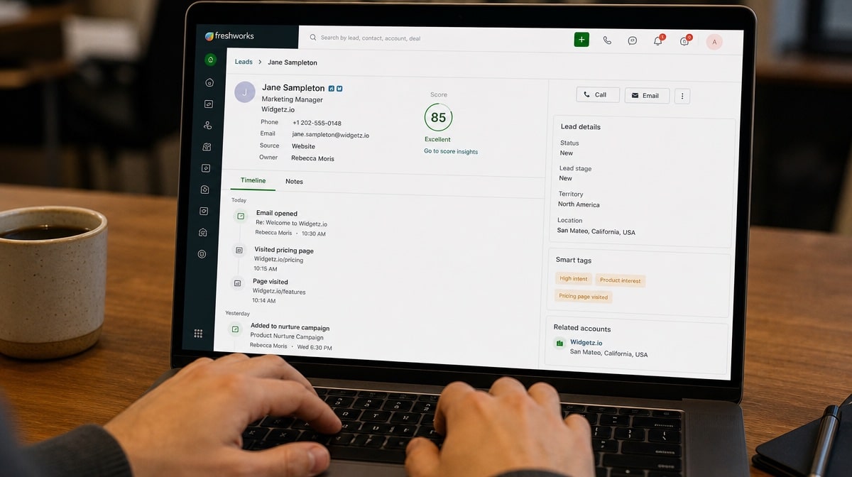 Freshsales lead record with lead score on a laptop screen