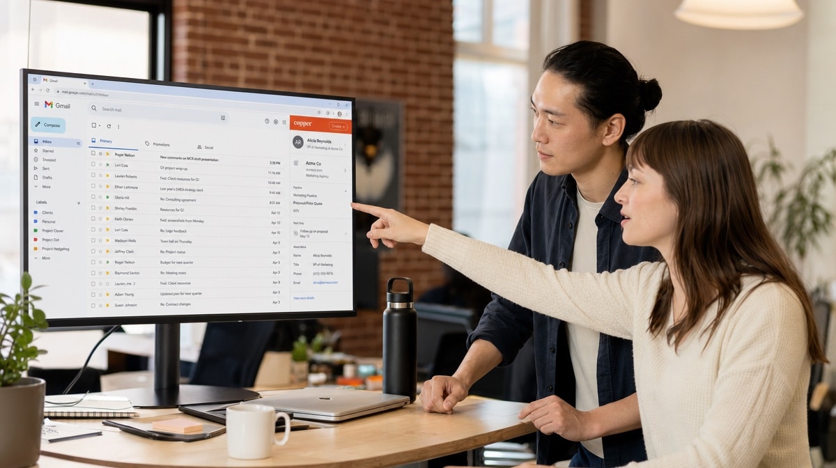 Gmail inbox with the Copper CRM sidebar on an external monitor