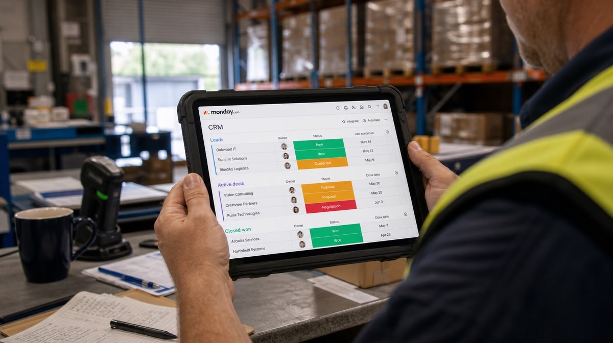 monday CRM status board on a rugged tablet on a warehouse floor