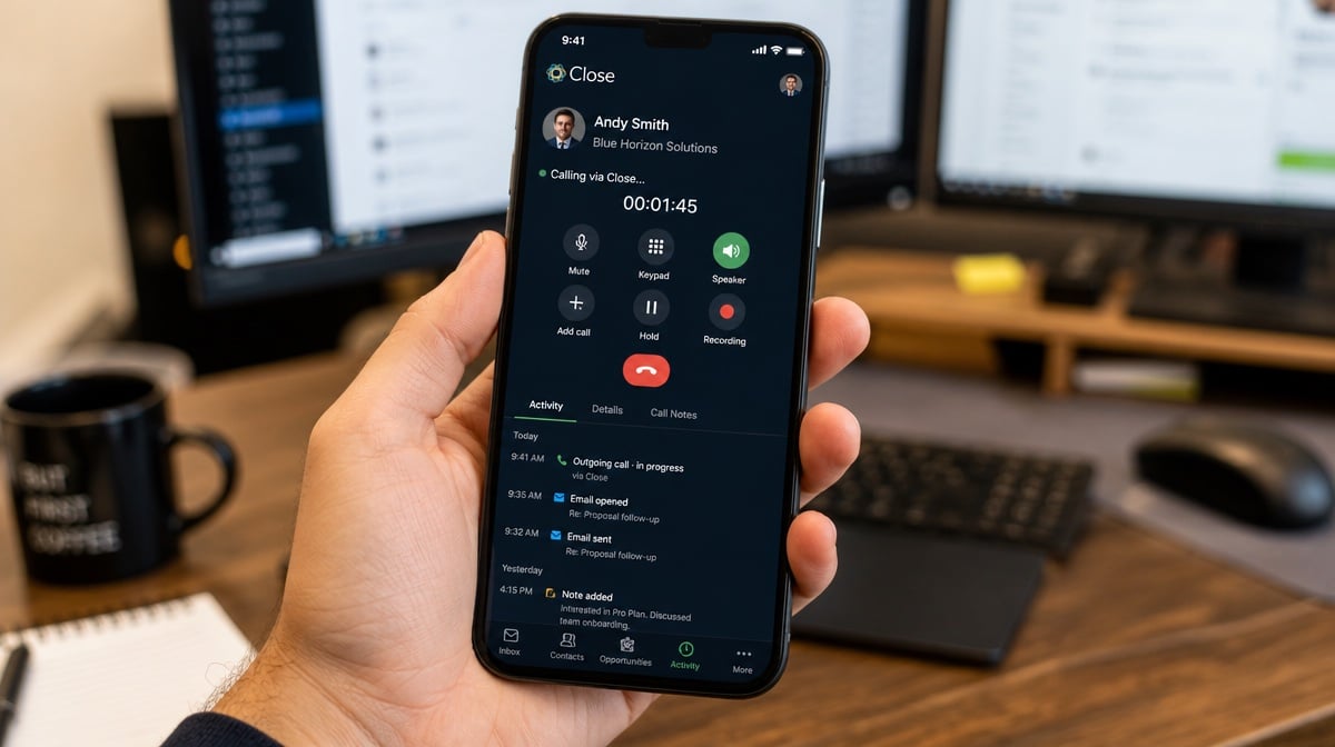 Close CRM outbound call screen on a phone held in hand
