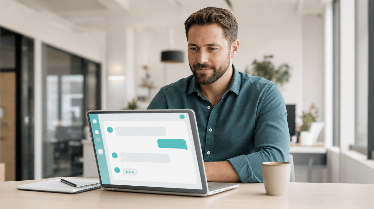 Business operations manager reviewing an AI assistant chat interface on a laptop at a modern office desk
