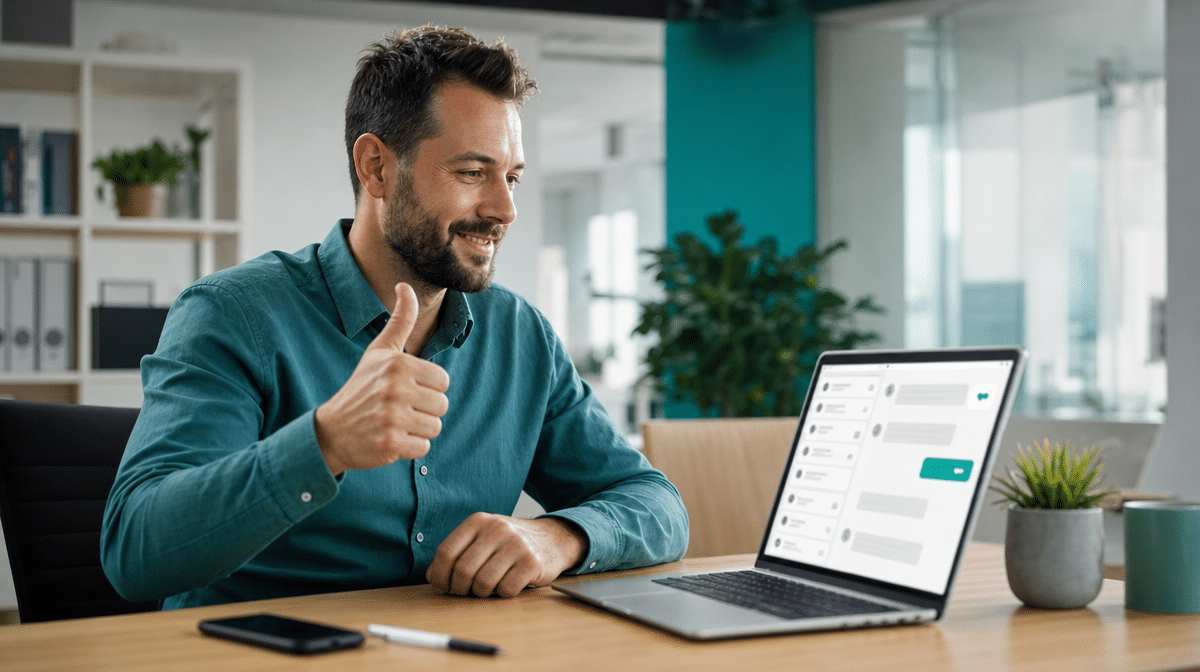 Business operations manager giving a thumbs up at a laptop showing a chat with a highlighted approval button