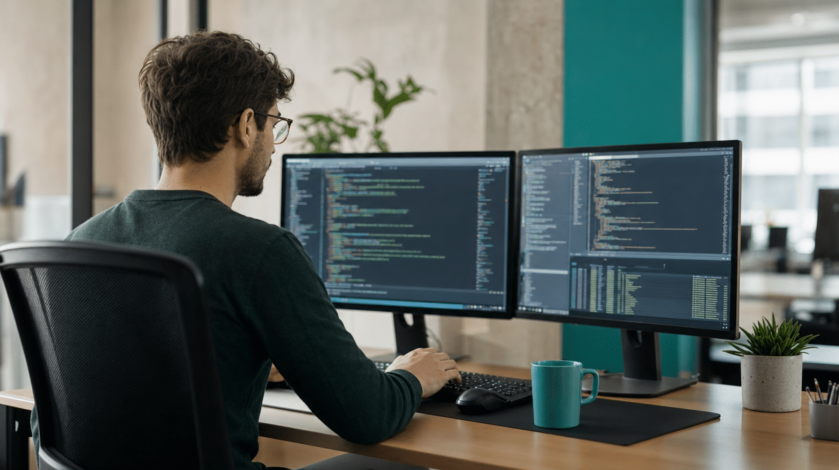 Software developer at a dual-monitor workstation writing code