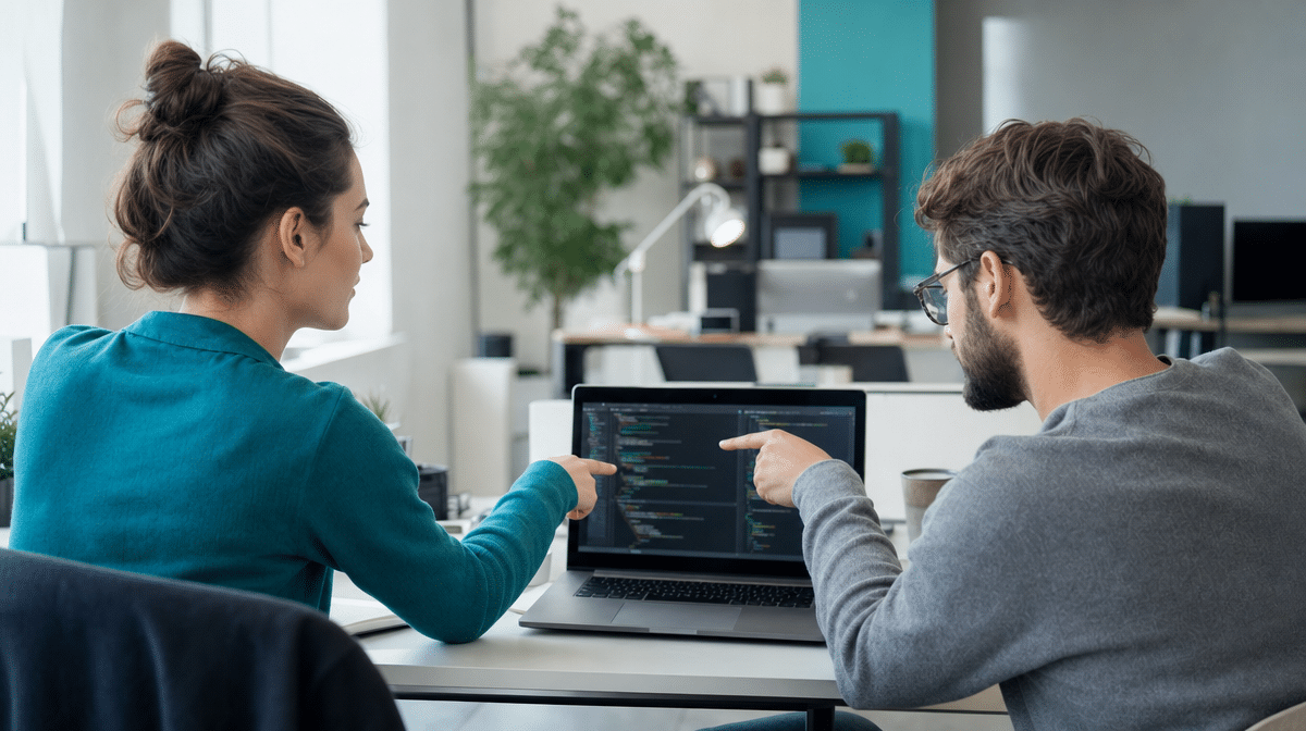 Two developers collaborating at a laptop showing a code editor