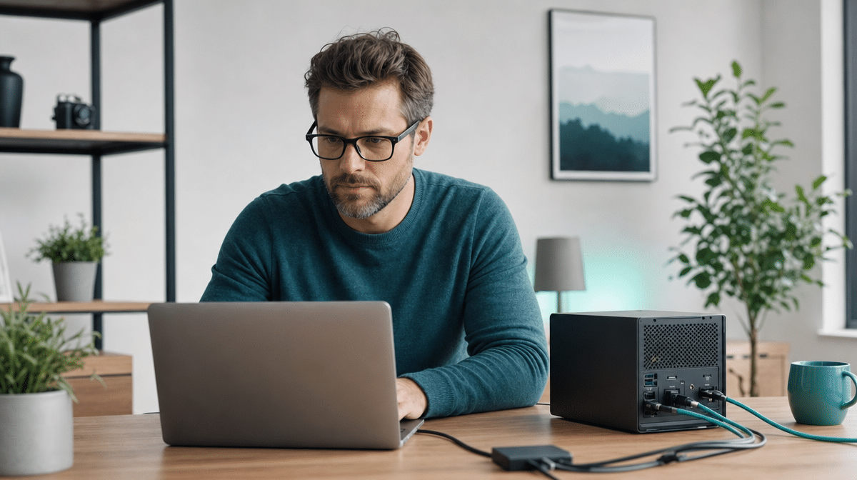 Technical person self-hosting with a small server beside a laptop at a home office