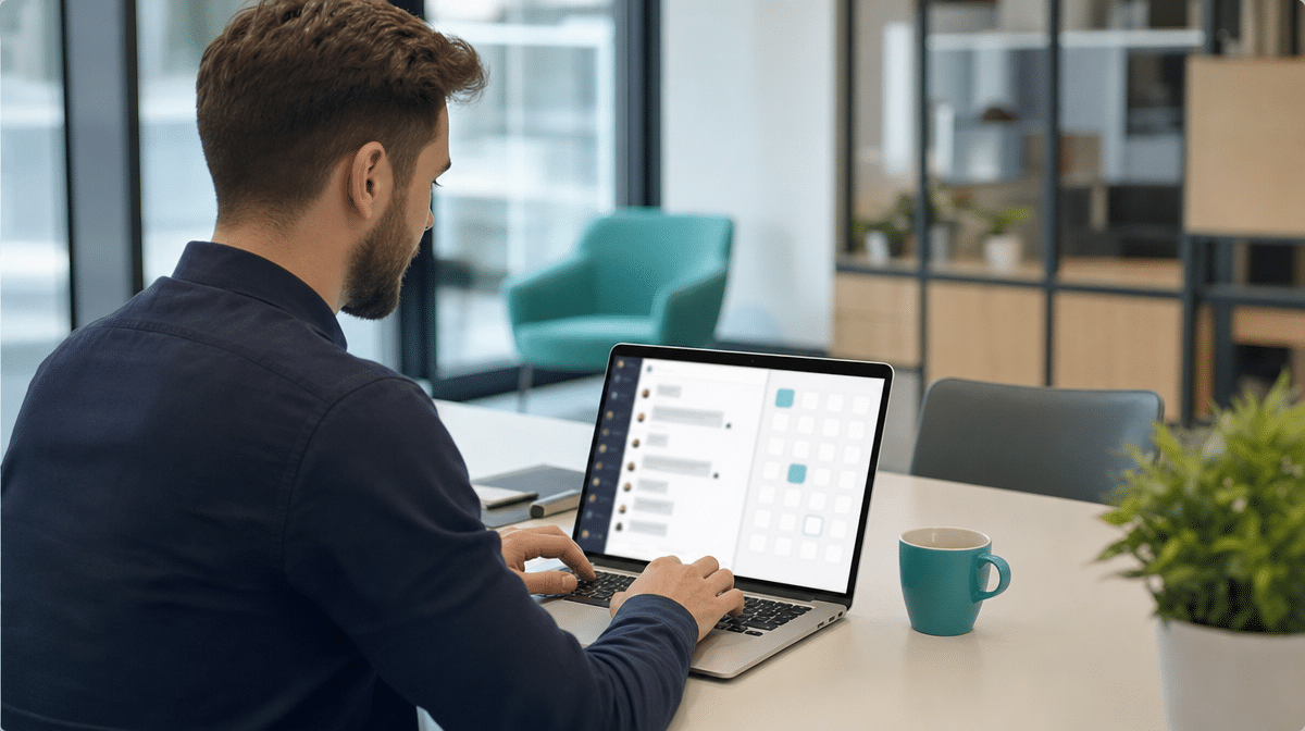 Team member messaging on a laptop with a team chat and many app tiles