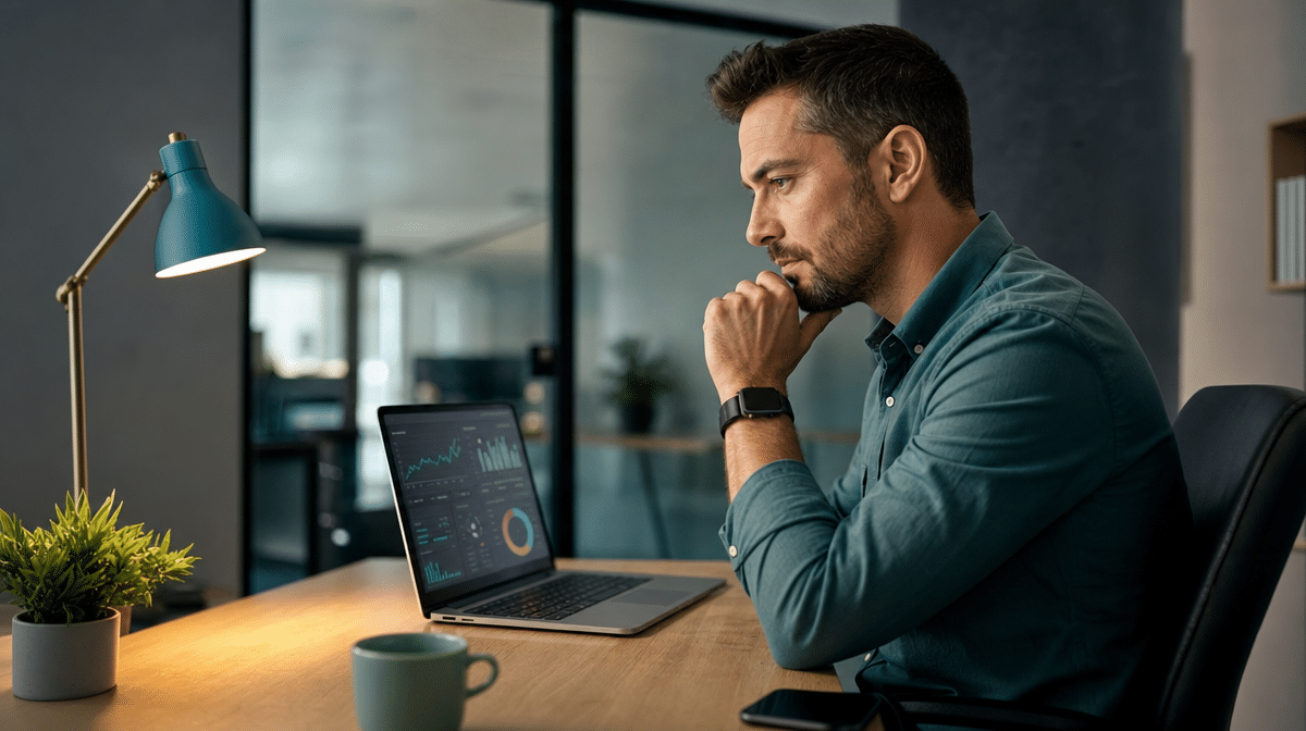 Professional monitoring an always-on dashboard on a laptop in an evening office