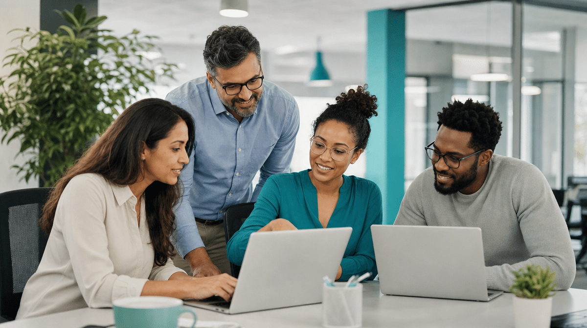 Small team collaborating around shared laptop screens in an open workspace