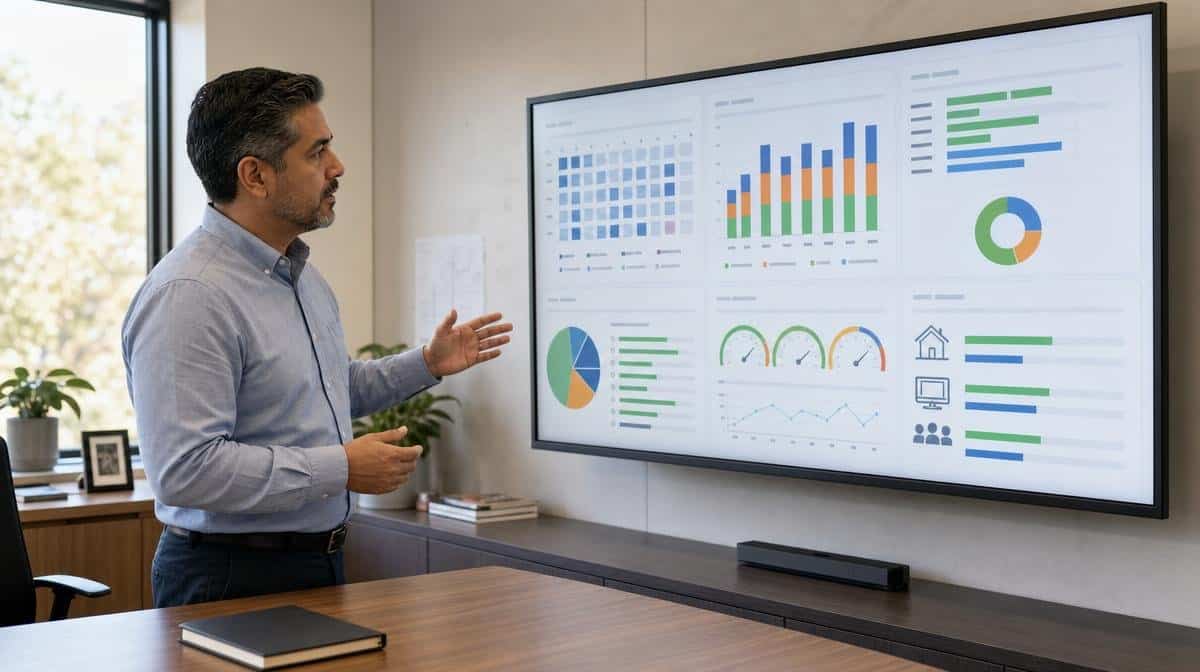 Manager evaluating schedules and working conditions on an office dashboard