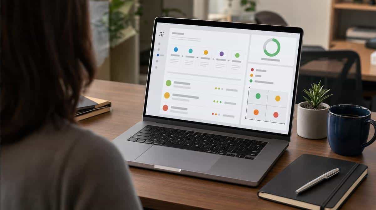Work tool evaluation dashboard open on a laptop in a real office