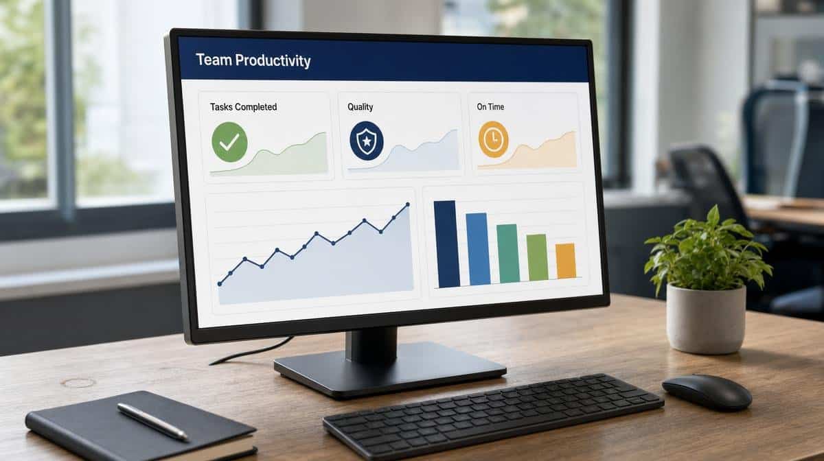 Team productivity scorecard with task, quality, and on-time metrics